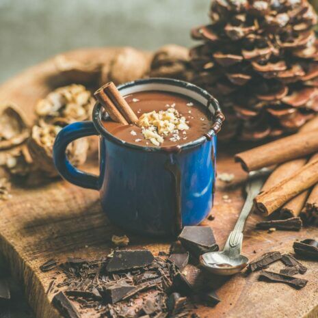 Rich winter hot chocolate with cinnamon and walnuts, square crop